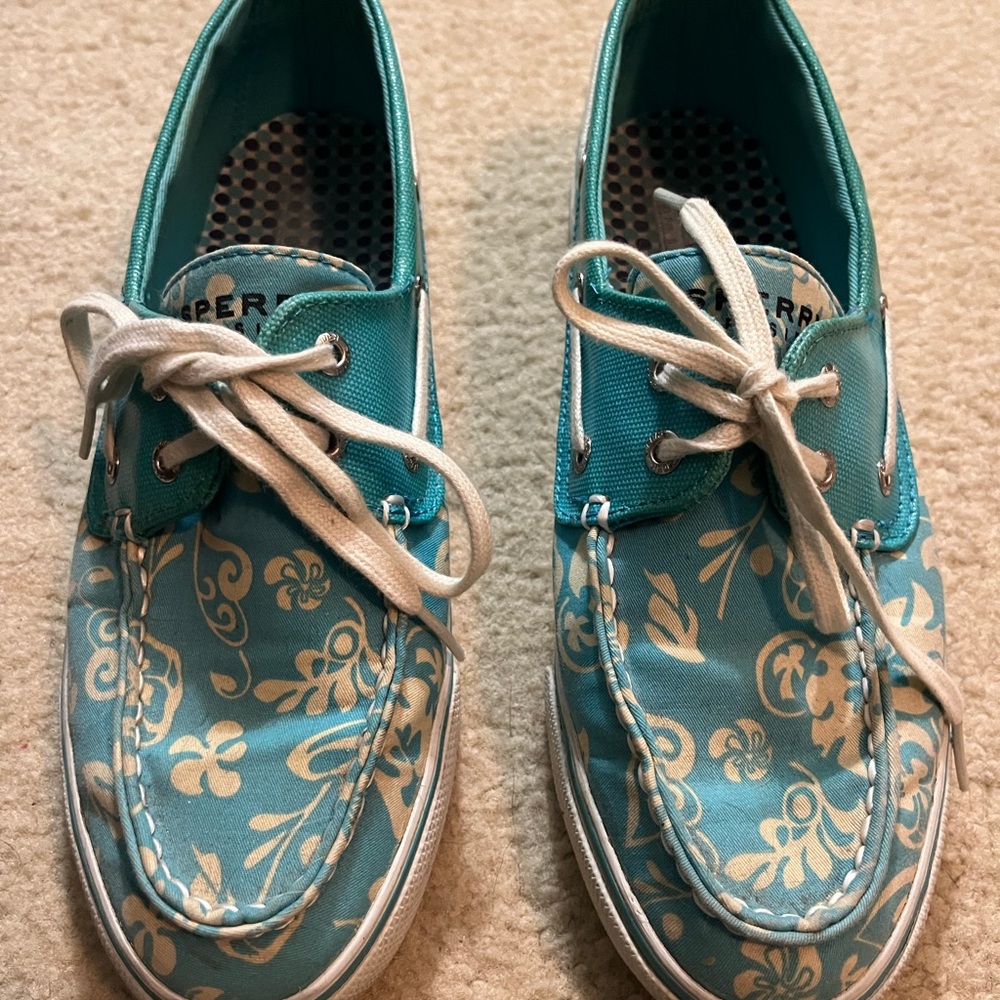 Sperry Teal and Cream Floral Deck Shoes